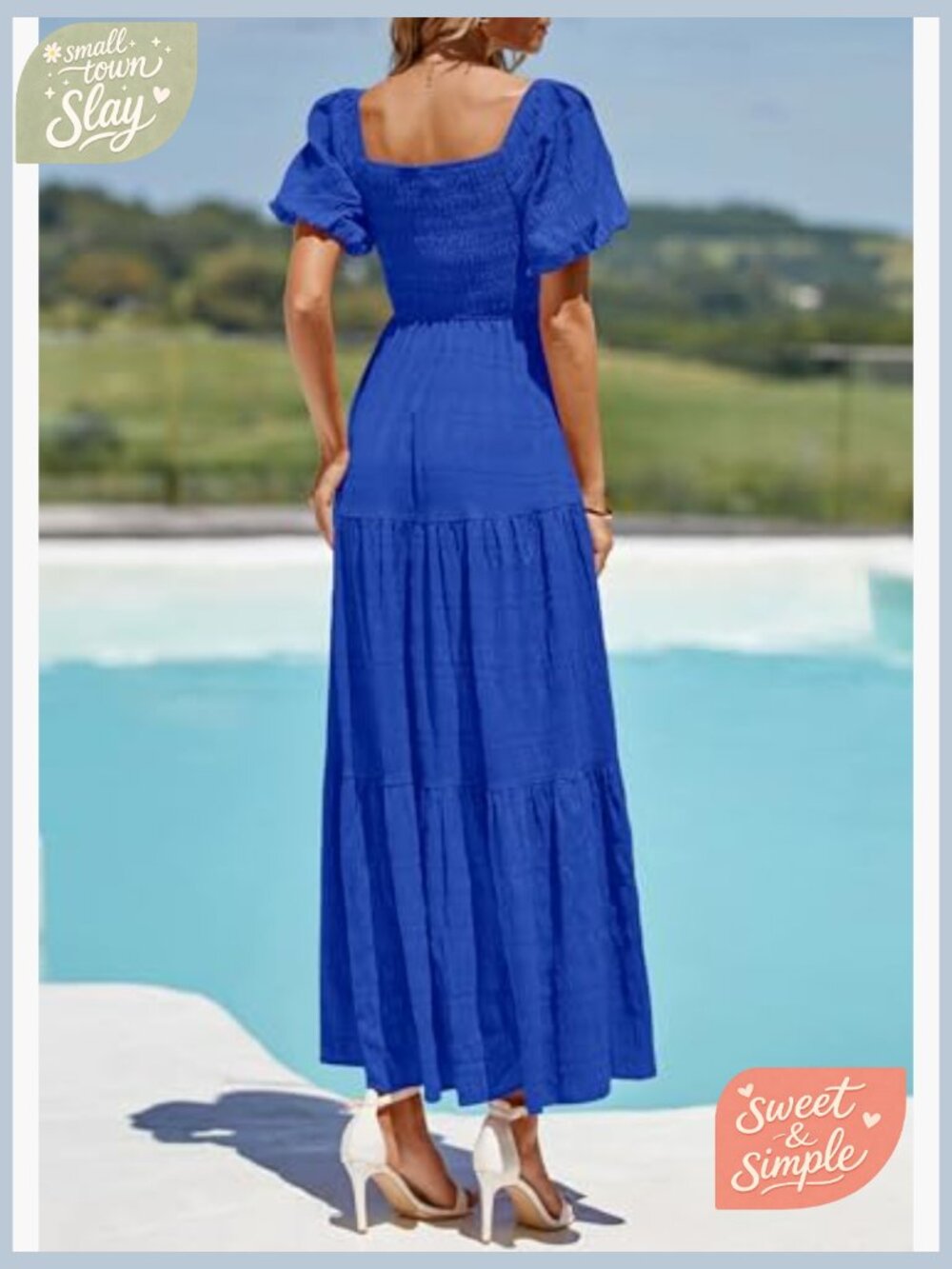 Puff Sleeve Maxi Dress Smocked Tiered Ruffle A-Line Summer Beach - Picture 2 of 7